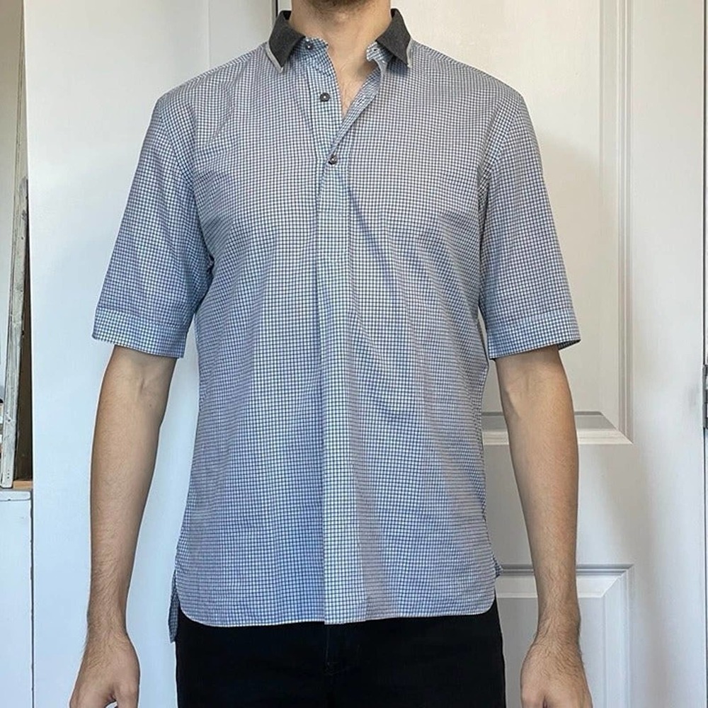 Lanvin Blue Popover Button Shirt with Knit Collar